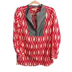 J. crew Denim Chambray & Pink Diamond Mandarin Collar Bib Tunic Top Size XS